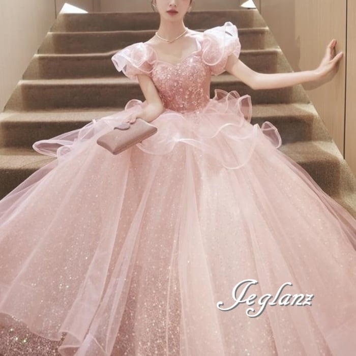 2色 パーティ イブニングドレス フリル 背中 編み上げ ラメ 光沢感(M8984)ζ