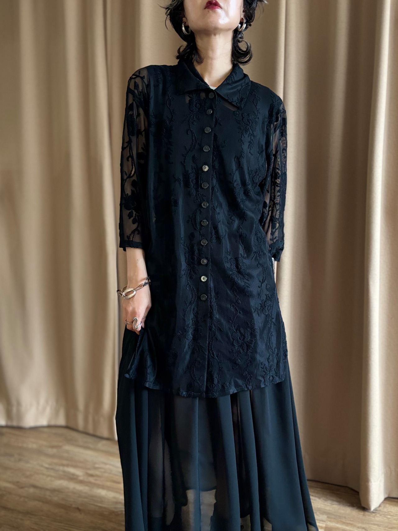 black floral lace sheer long shirt-5315-7