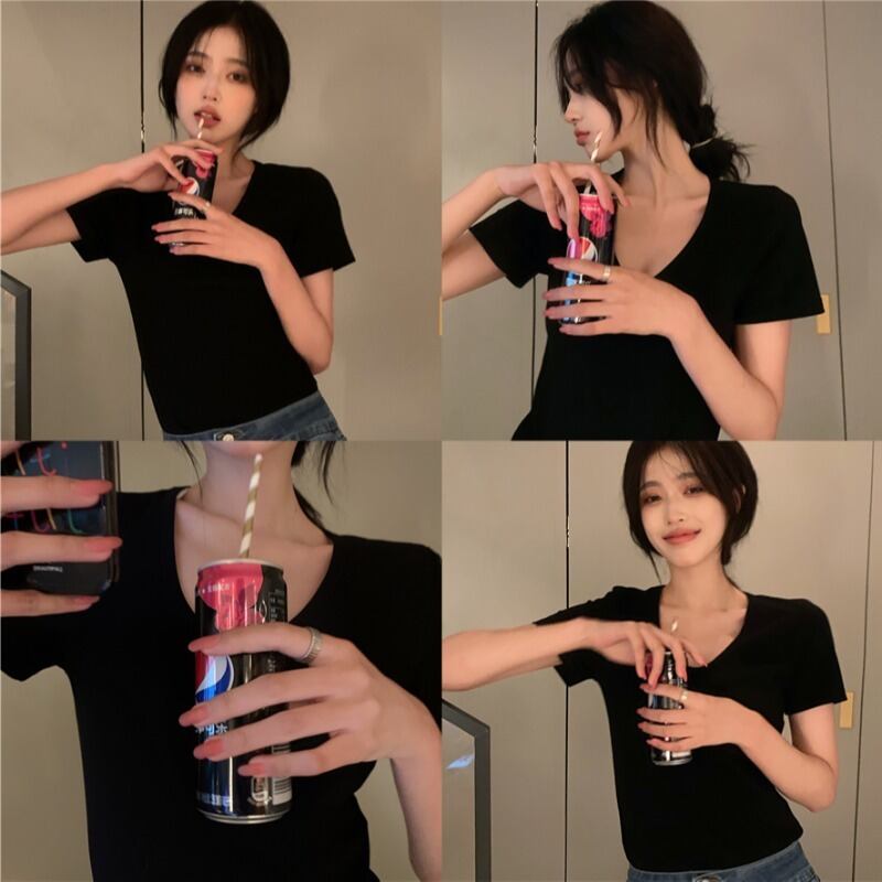 ブラックスリムホワイトラウンドネックショート Oネック ブラックストロベリース10731777125