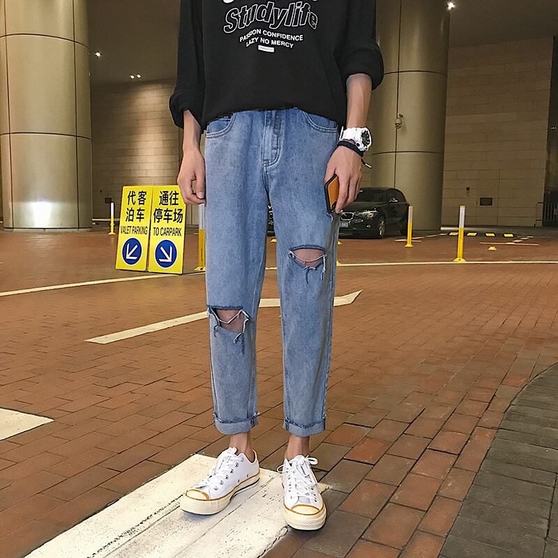 全1色 デニム パンツ ストレート カジュアル ダメージ おしゃれ