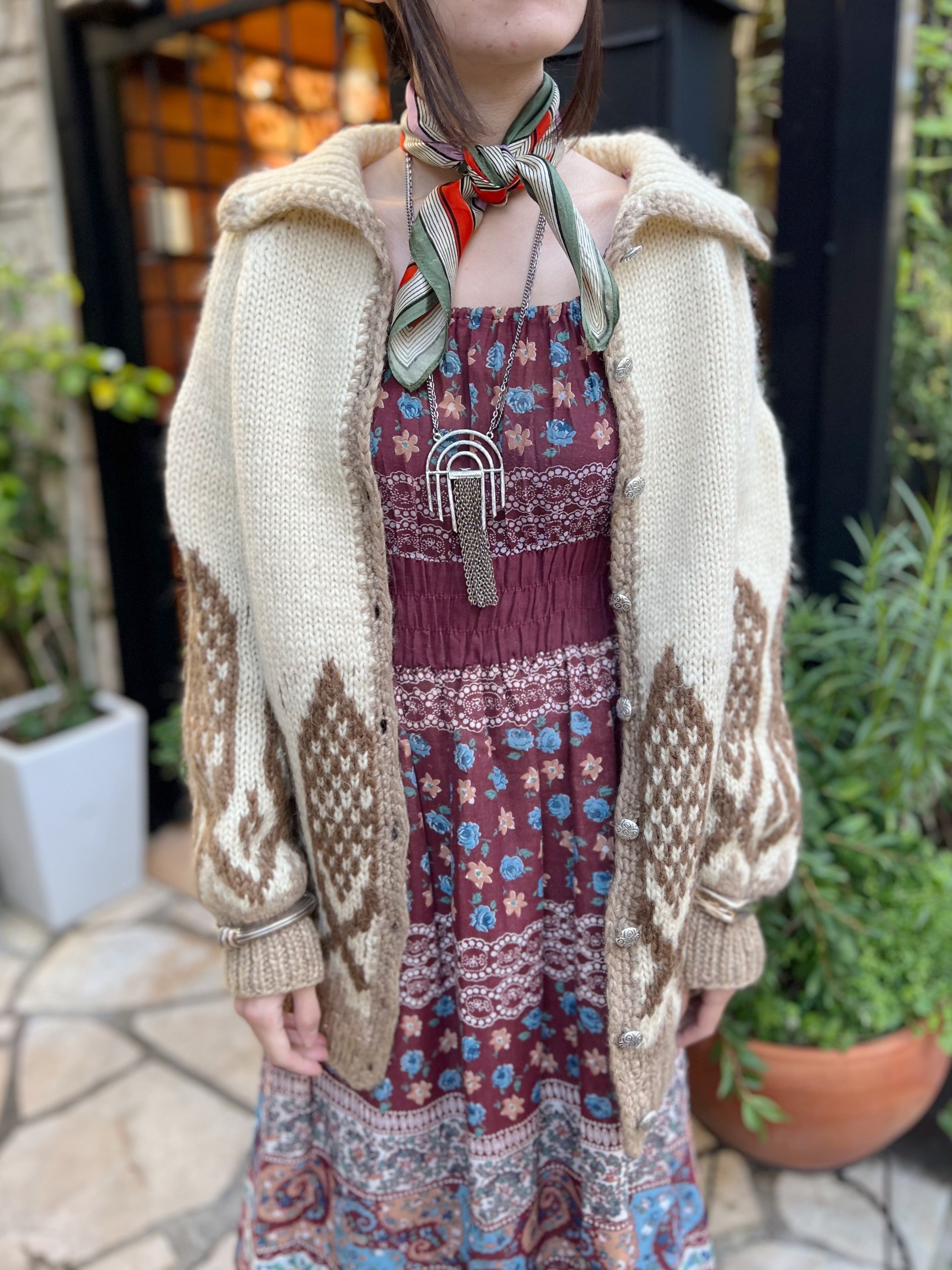 70s wine red floral & lace cotton dress ( ヴィンテージ ワイン  