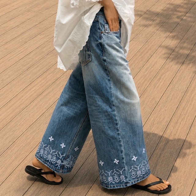 Embroidered Wide Denim Pants  00018