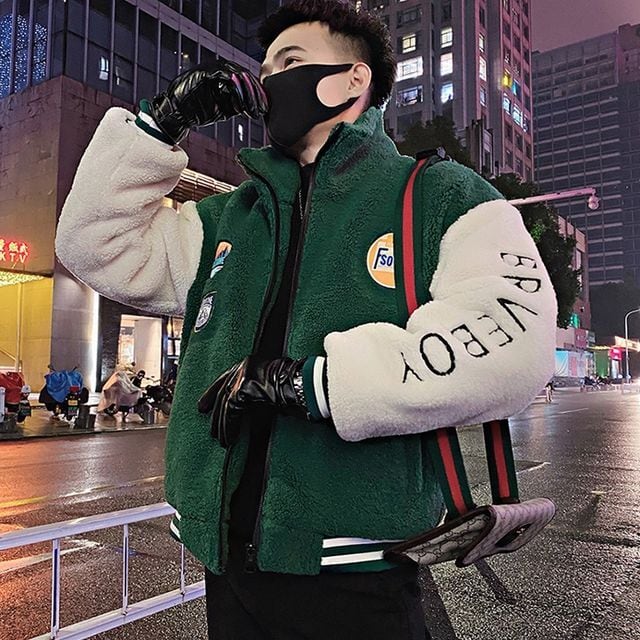 【予約販売】スタジャン ボア ブルゾン 防寒 メンズ アウター 刺繍 ジャケット ショート丈 オーバーサイズ ブラック グリーン こなれ感 お洒落 韓国 トレンド 秋 冬 M/L/XL/2XL/3XL