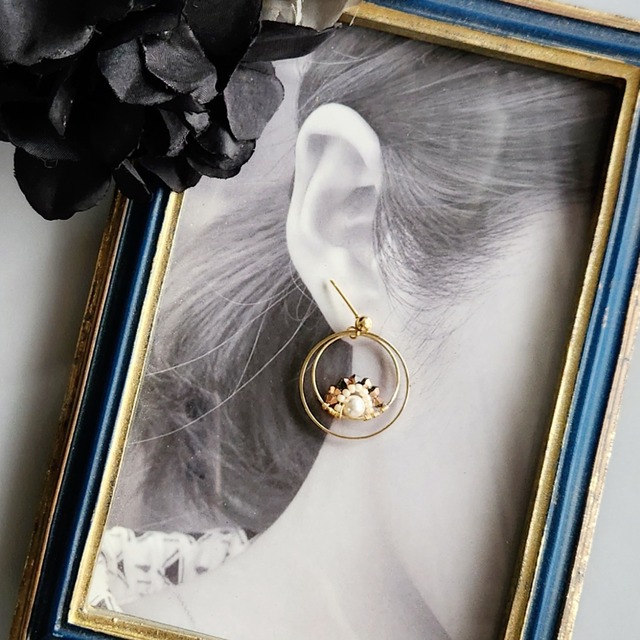 スワロビーズとガラスパール フープピアス/イヤリング ピンクローズゴールド machipochi