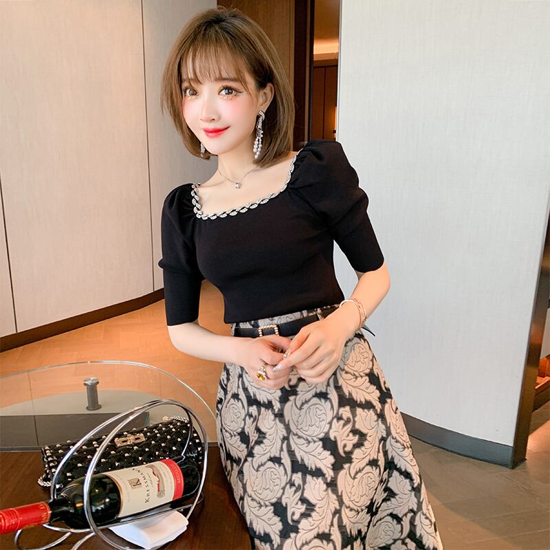 スリムスリーブニット半袖Tシャツ サマースタイル ショート ハーフスリーブ 夏物 スクウェア MIUCO72410361480