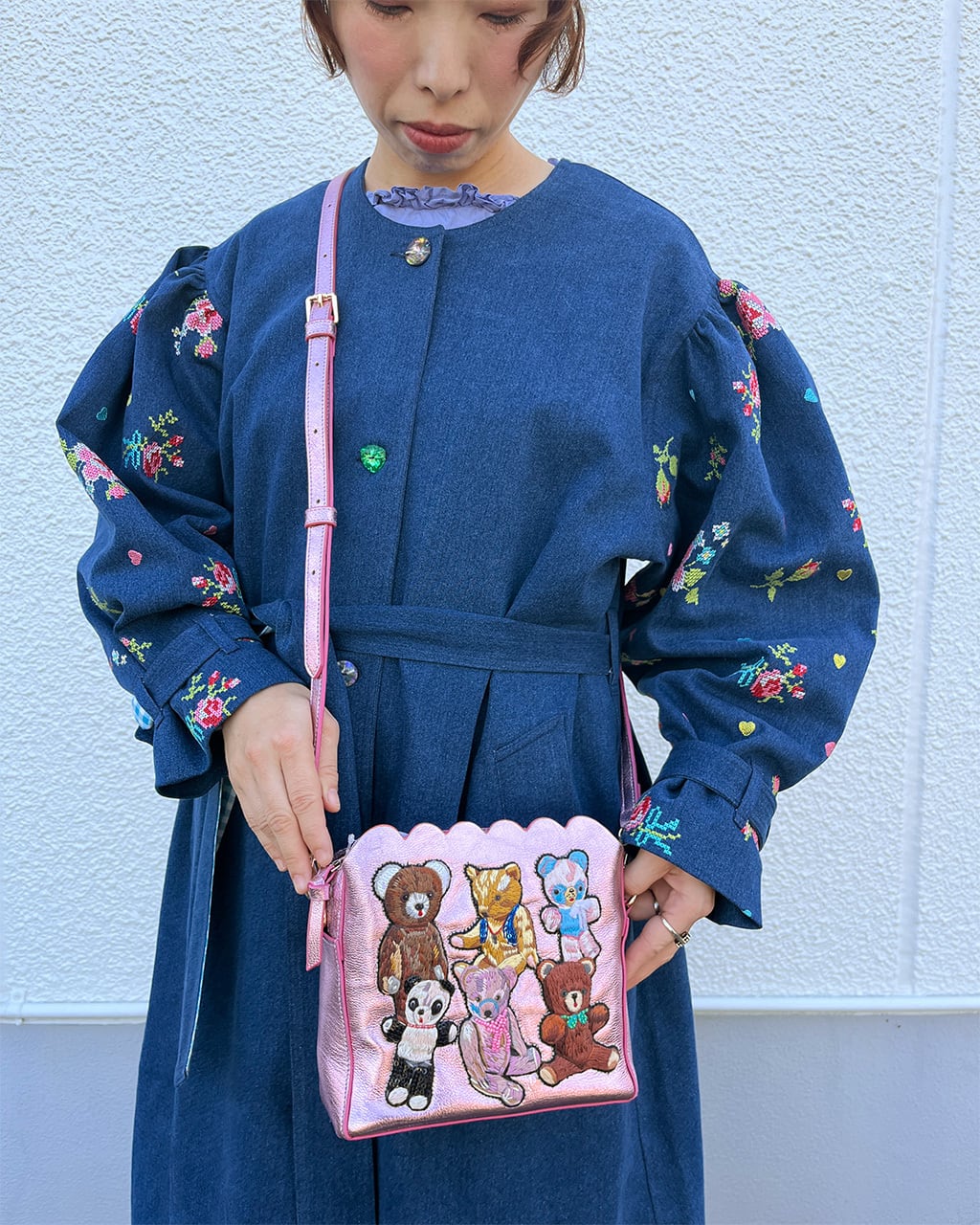 刺繍デニムコート Collarless embroidered coat (Dark blue