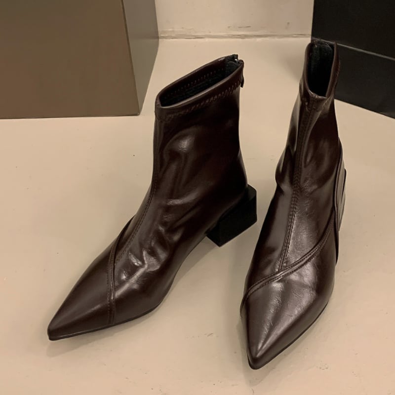 レザーソックスブーツ ポインテッドトゥ ブロックヒール 2color SH0124