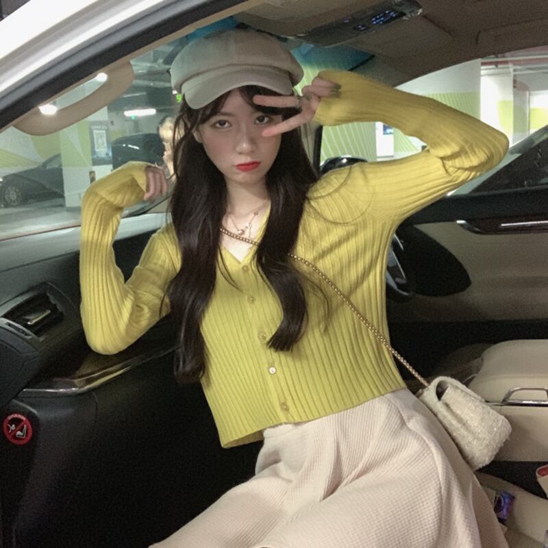 ニットセーター オータムスタンダードVネックソリッド カラーショートシャツ 長袖スリーブカーディガン ロング レトロ 秋物 ソリッドカラー ドラファッションホール87048815946