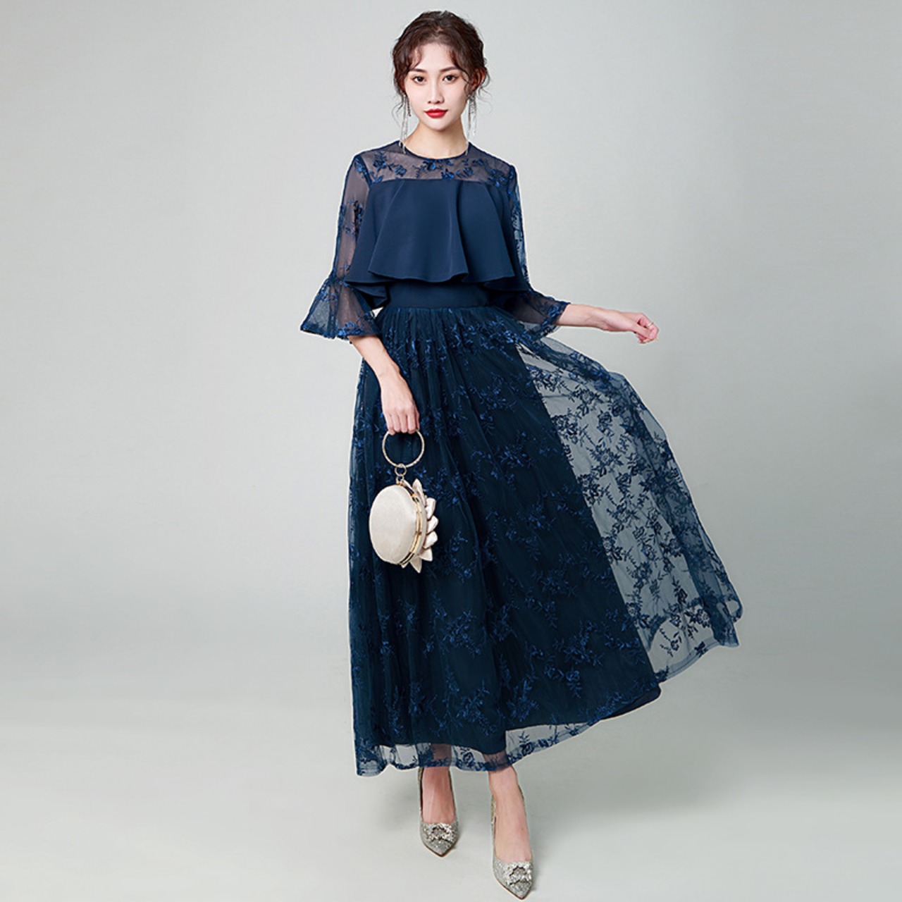 4colour＞ レース ロング ワンピース ドレス（グレー・ネイビー 