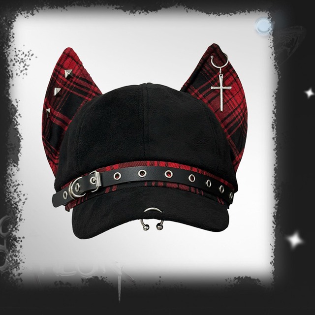 サブカル 天使と悪魔 地雷系 キャップ  猫耳 チェック柄 十字架 推し活 ライブ 原宿ファッション