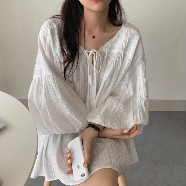 夏新作 レディース トップス シャツ v襟 バルーン袖 sweet ヴィンテージ 上品