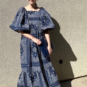 Paisley puff sleeve dress in 2 colors S1844