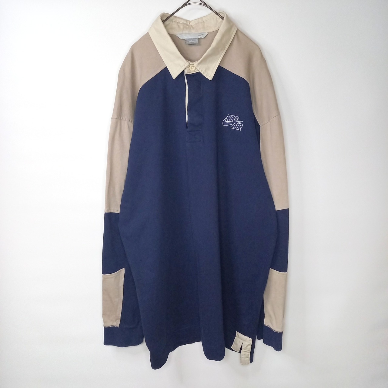 ナイキ　ポロシャツ　長袖　刺繍ロゴ　スウォッシュ　ネイビー　ベージュ　L