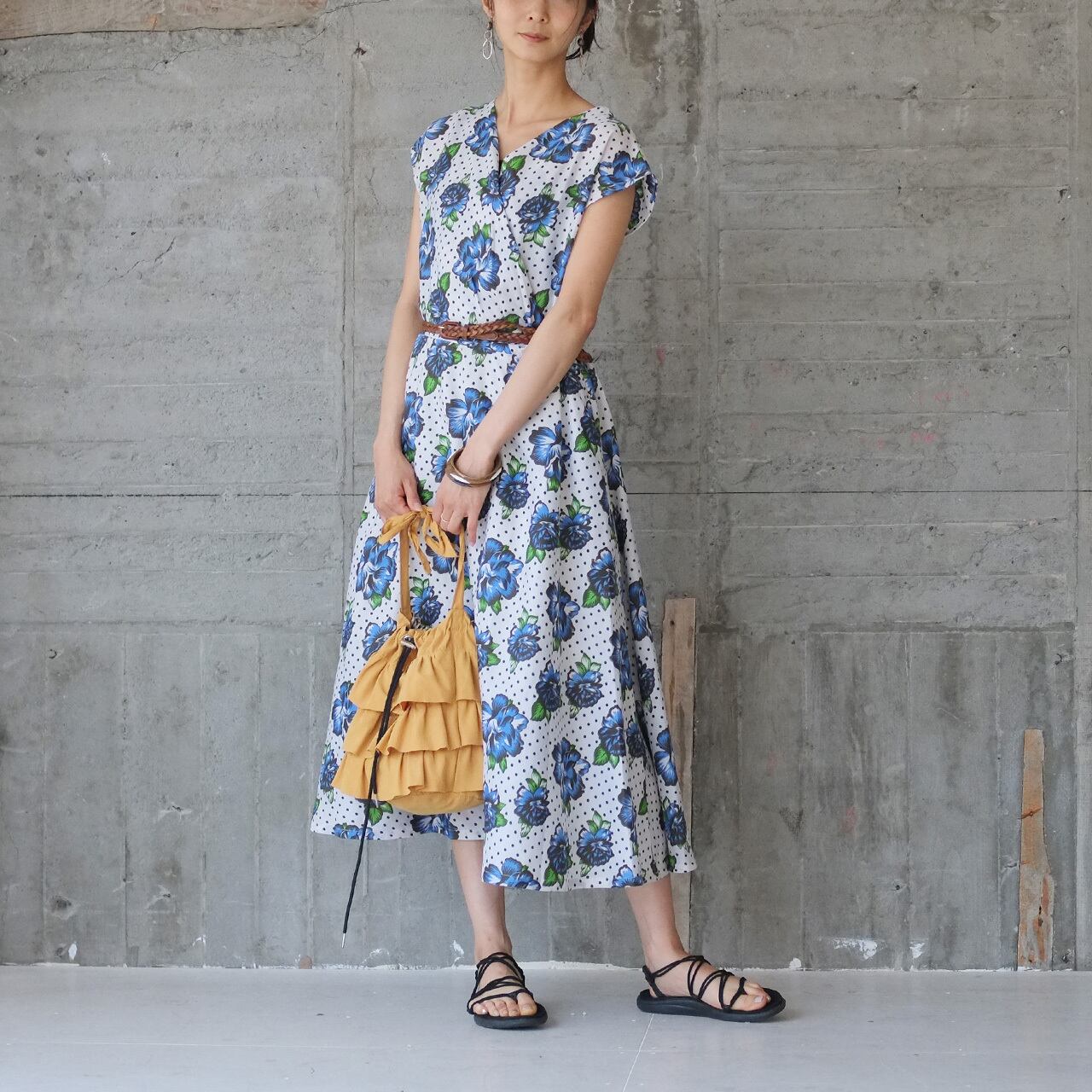 デコルテきれいなドット&花柄カシュクールワンピース(22s-18)アンティークブルー