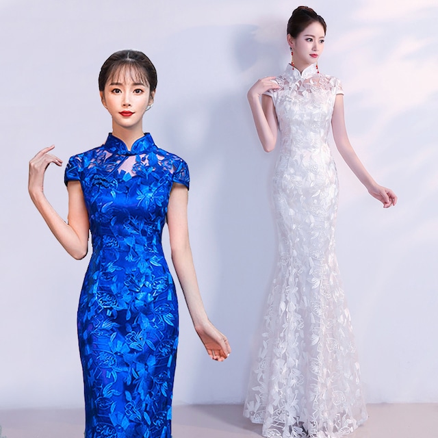 【ELEGANT】チャイナドレス マーメイドライン レース 刺繍 ドレス ロング丈 半袖 ブルー ホワイト 改良型  大きいサイズ S M L LL 3L 4L 気品ある