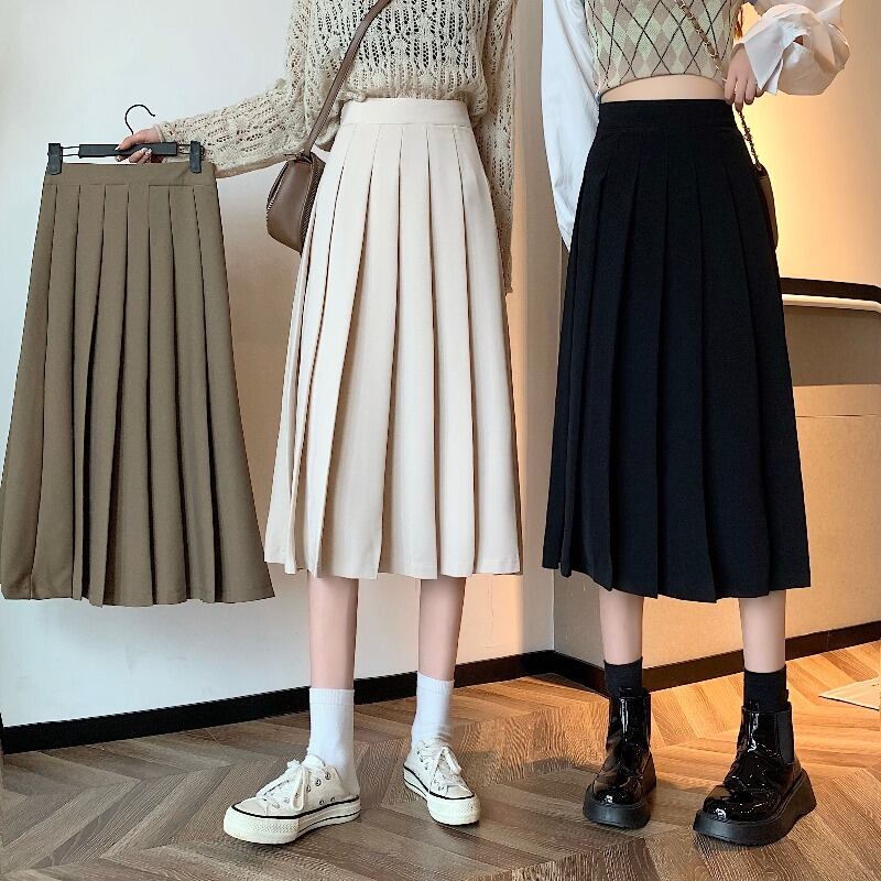 スカート スプリングオータムハイウェストウェストブラックプリーツ 春物 秋物 1号婦人79213116370