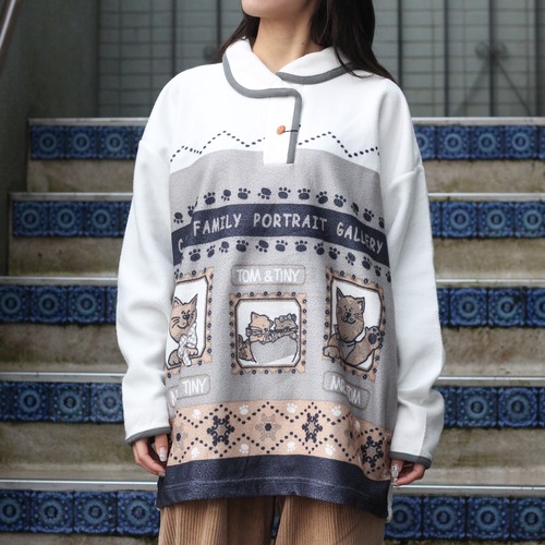 EU VINTAGE CAT'S FAMILY DESIGN FLEECE SHIRT/ヨーロッパ古着ねこの家族デザインフリースシャツ