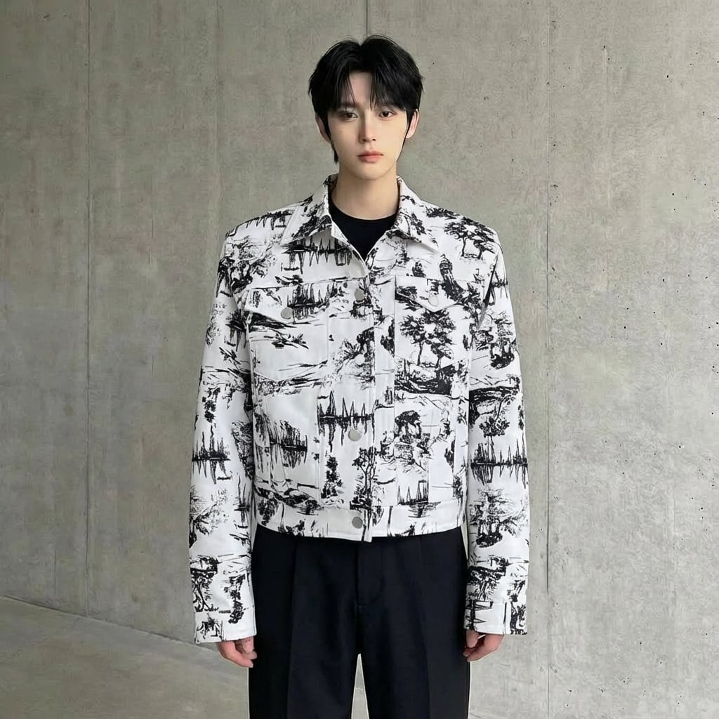 アートペイント風プリント ウィングショルダージャケット D11170