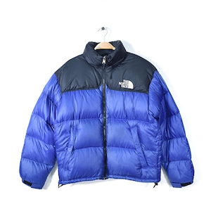 90s ノースフェイス ヌプシ ダウンジャケット アズテックブルー 黒青 アウトドア NORTH FACE サイズM相当 アメカジ 古着 @DD0373