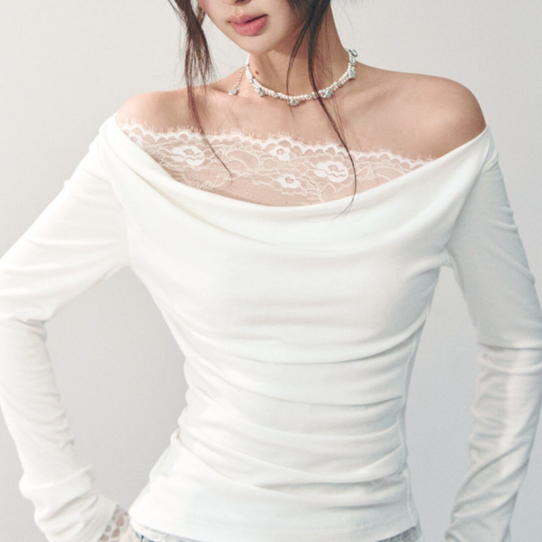 レースレイヤードオフショルダートップス A23