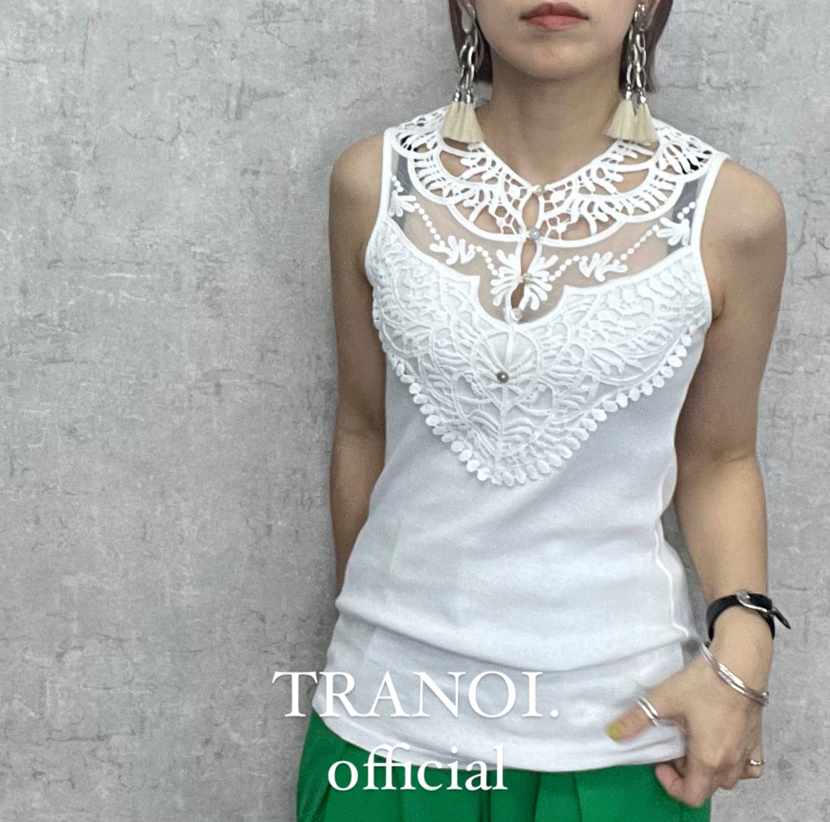 トラノイ　ヘンリーレースタンクトップ　細リブ　未使用　タグ付き TRANOIヘンリーレースタンクトップ | Rosier Doree