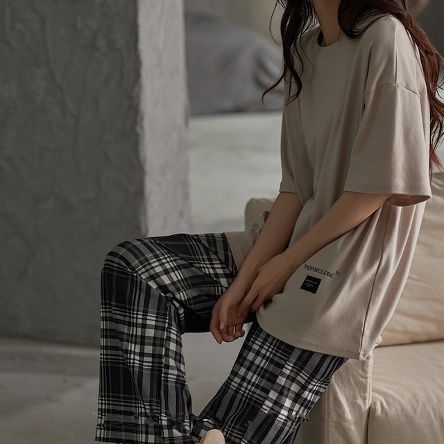 【訳ありSALE】【men's/L-2XL】oversize t-shirt+check pattern pants pair pajamas p1185