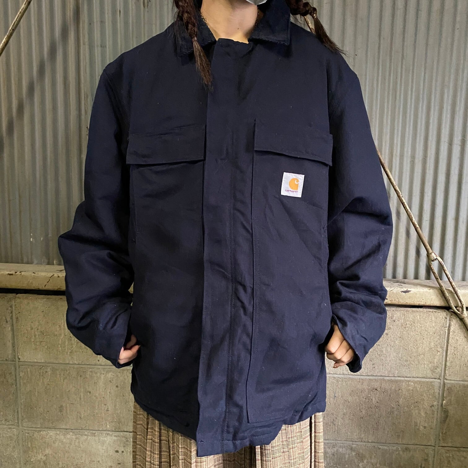 美品 Carhartt カーハート ダック地 トラディショナルジャケット メンズm 古着 ワークジャケット ウェストコード カバーオール キルティングライナー ネイビー 紺 コーデュロイ襟 ワークジャケット Cave 古着屋 公式 古着通販サイト