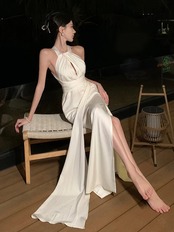 【0238】Side Slit Halter Short Sleeve Dress