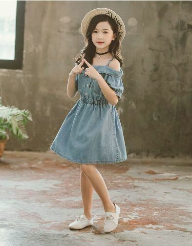1 160cm オフショル 肩出し デニム ワンピース ガーリー 19s S 半袖 夏服 韓国 子供服 女の子 ガールズ キッズ P250 A Dear Child
