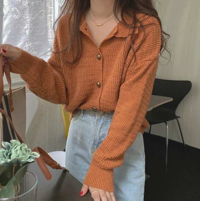 全3色 カラーニット 襟付きカジュアル あわせやすい セーター インナー カットソー カーディガン