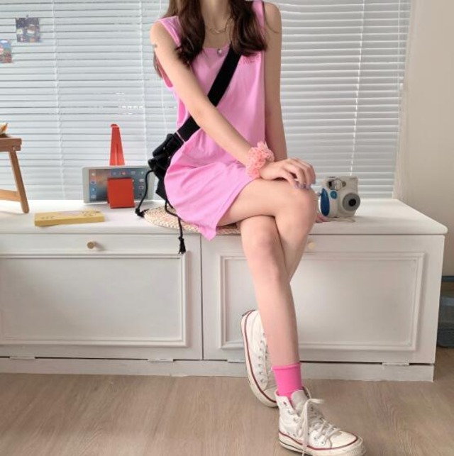 韓国風 chic トップス ベスト ノースリーブ 夏ファッション ロング丈 ゆったり レディース