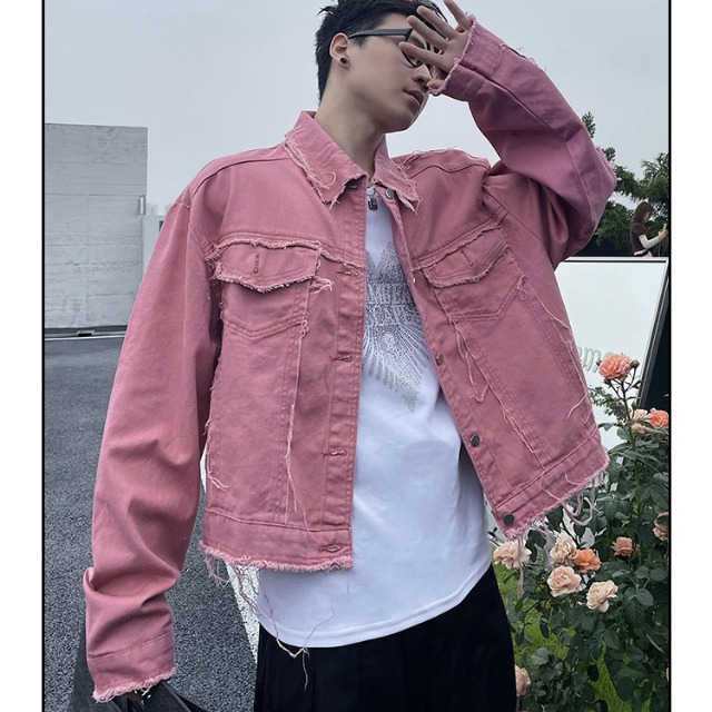 予約販売】メンズ デニム ジャケット ダメージ加工 くすみカラー 