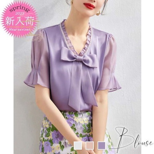 ブラウスレディース 40代夏 半袖ブラウス リボンネックブラウス シフォンシャツ オシャレブラウス パフスリーブトップス 大人通勤OL ゆったりシャツ30代50代