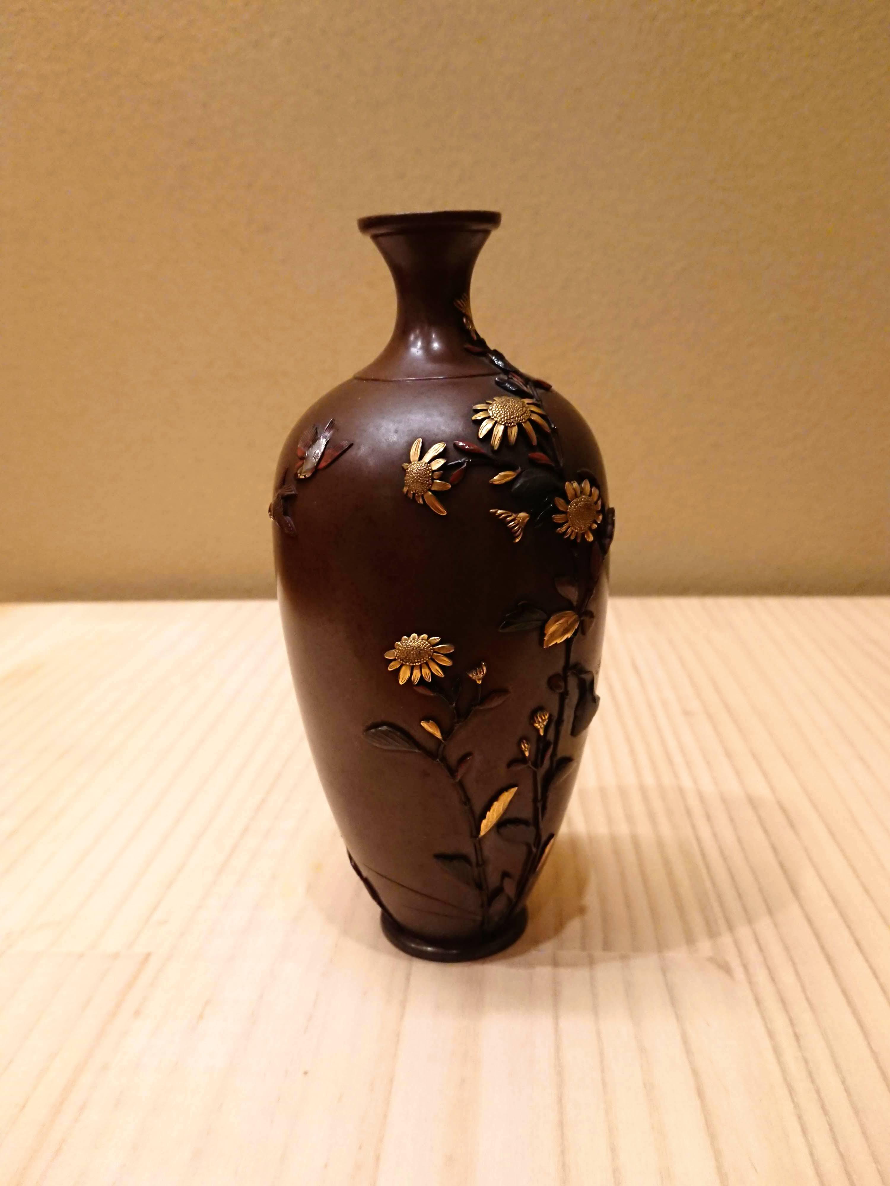 銅製 花鳥 象嵌 花器 大日本京都住 一光堂 宮部篤良 在銘 明治工芸 