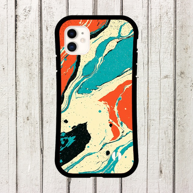 受注生産 iPhoneケース ターコイズとコーラルの波マーブル｜紙マーブリング MARB009D