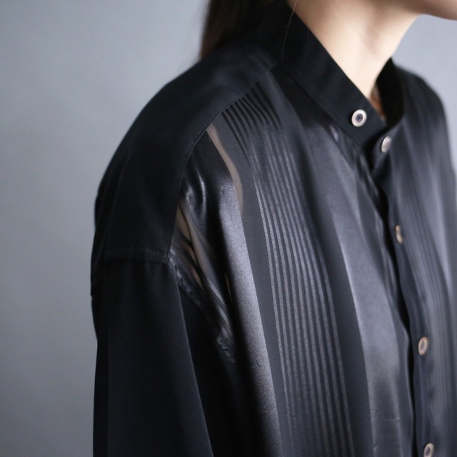 sheer fabric stripe switching design band-collar loose shirt