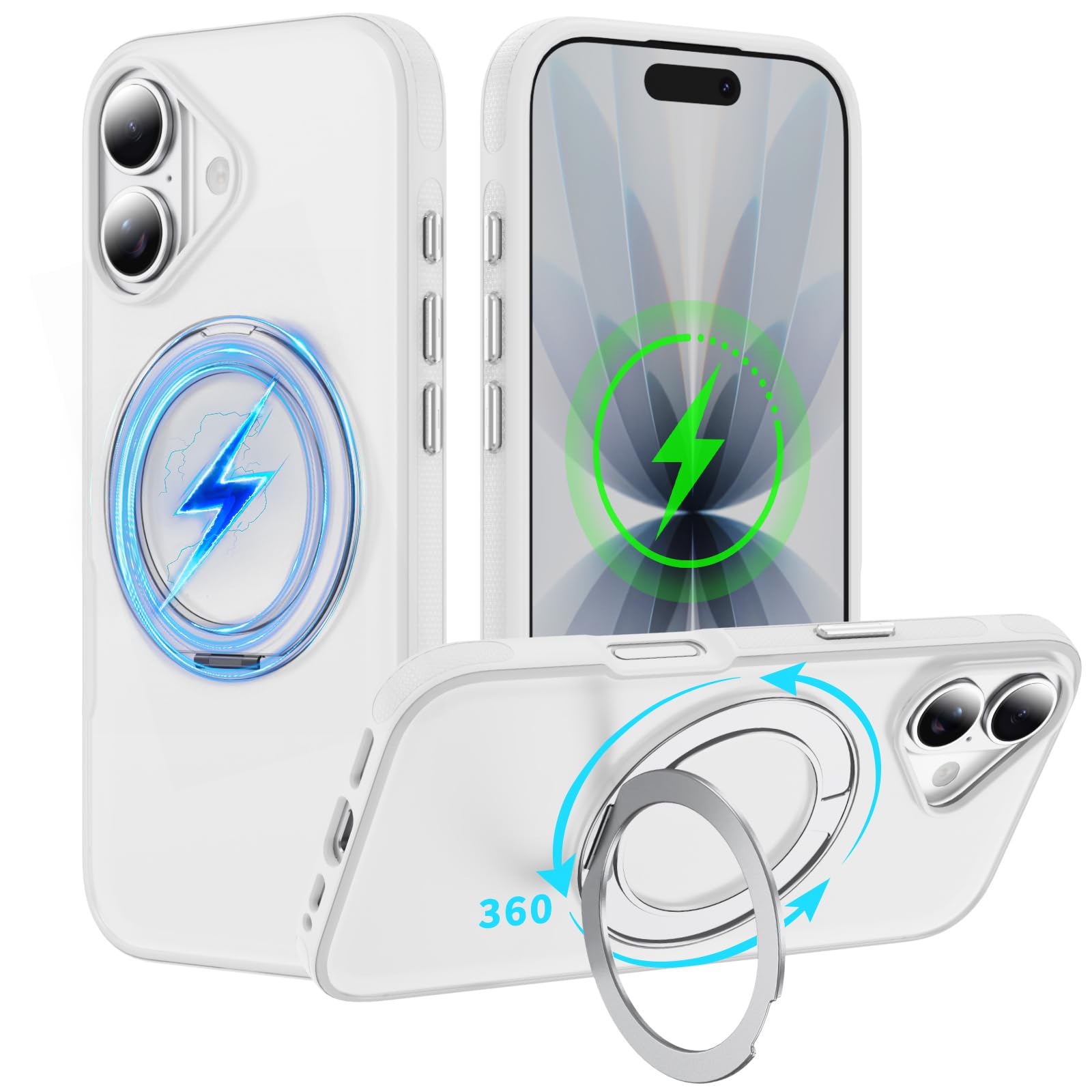 DUTZNZ iPhone17 用保護ケース 内蔵マグネットで車載ホルダー・MagSafe 対応 360° 回転スタンド付歯車リング 白