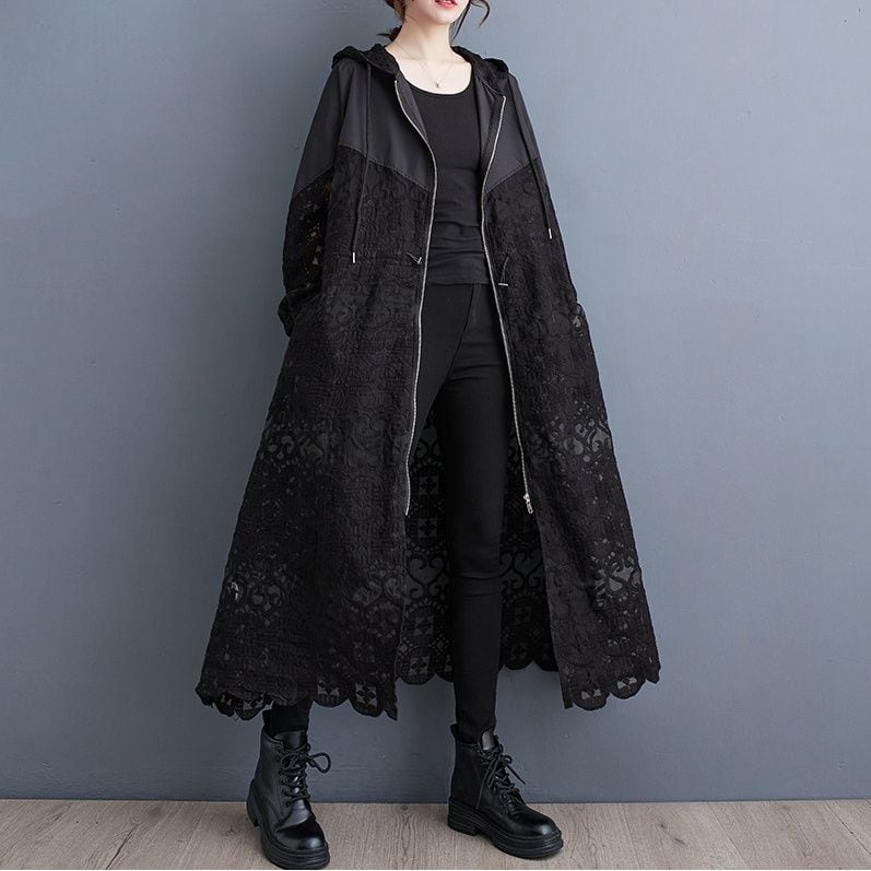 LACE HOODED LONG BALLOON SLEEVE ZIPPER COAT M-18613