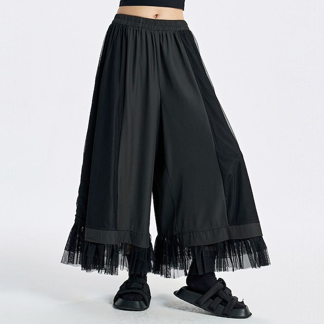 MESH PANEL WIDE LEG LAYERED HEM PANTS M-17861