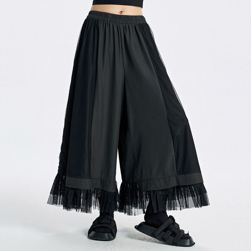 MESH PANEL WIDE LEG LAYERED HEM PANTS M-17861