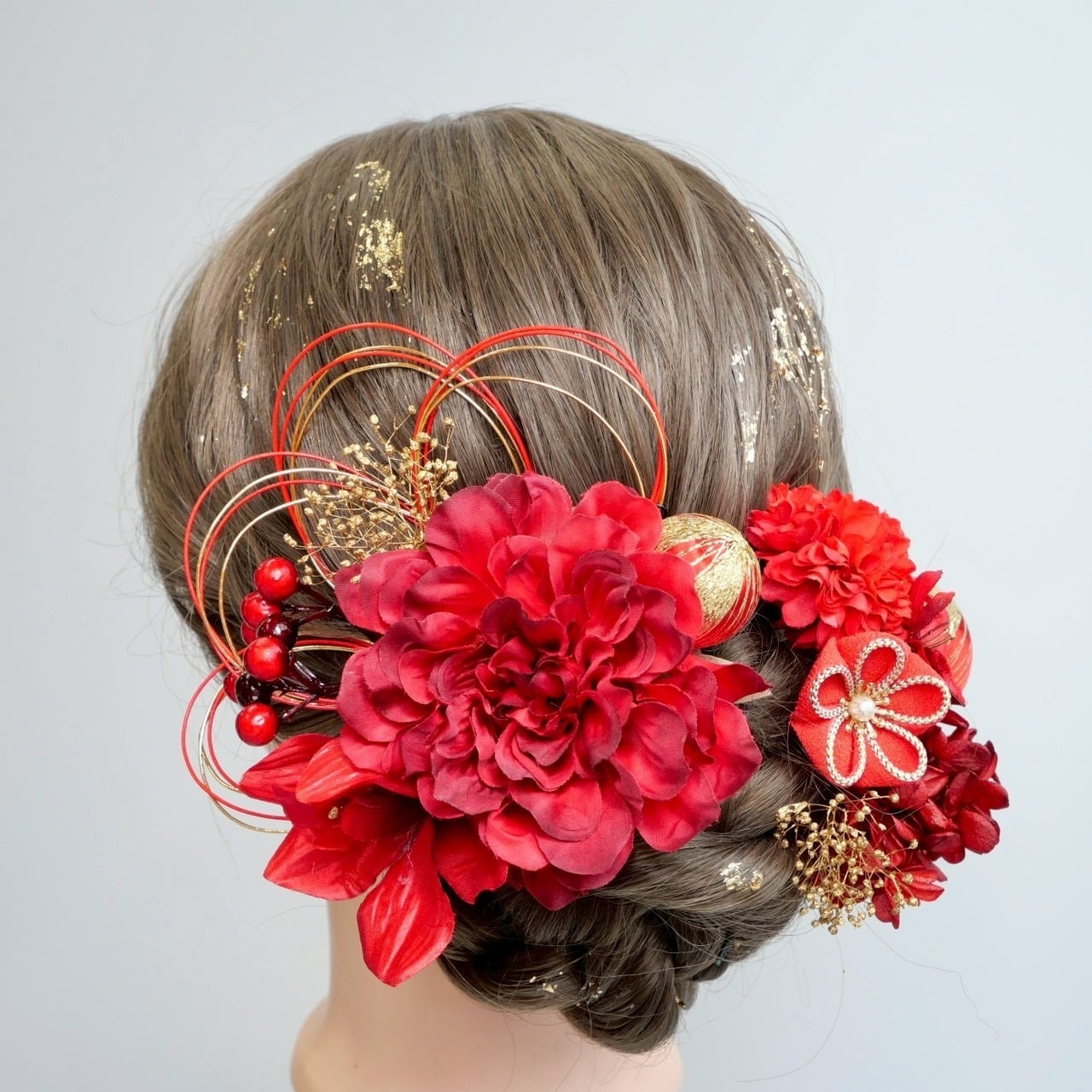 A495 ダリア つまみ細工 ドライフラワー パール 髪飾り 赤 卒業式 袴 成人式 振袖 結婚式 和装