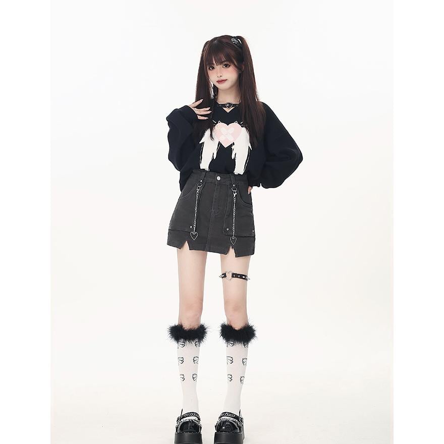 【送料込】GLAVIL コーティング 薄手ブルゾン 春 Y2K 00s サブカル サブカル系 CRAZYGIRL 長袖 トップス Vネック 悪魔 ハート 羽 ウィング