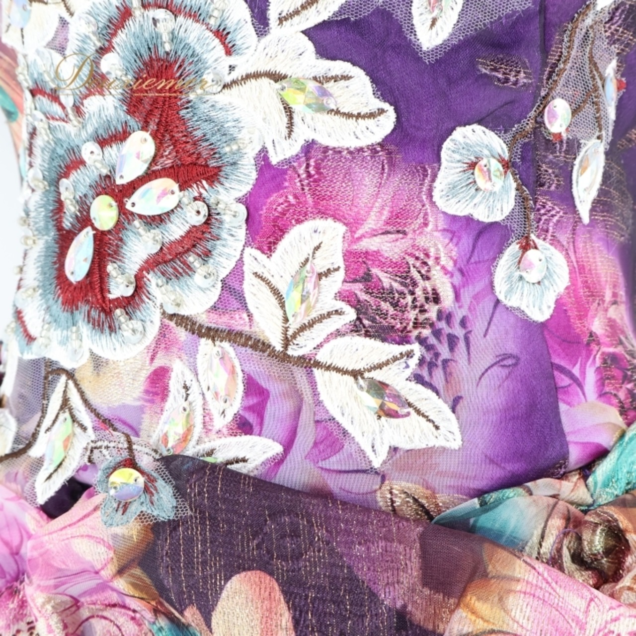 パーティドレス ワンピース ドレス パープル系 ドニャヴィストーサ Da Vistosa 紫 花柄 フリル レース 演奏会 発表会 ダンス 軽い フェミニン おしゃれ 豪華 ステージ イベント 華やか