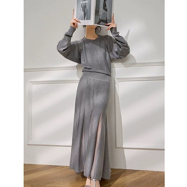 ニットショール付きプリーツワンピース セットアップ　YH9603