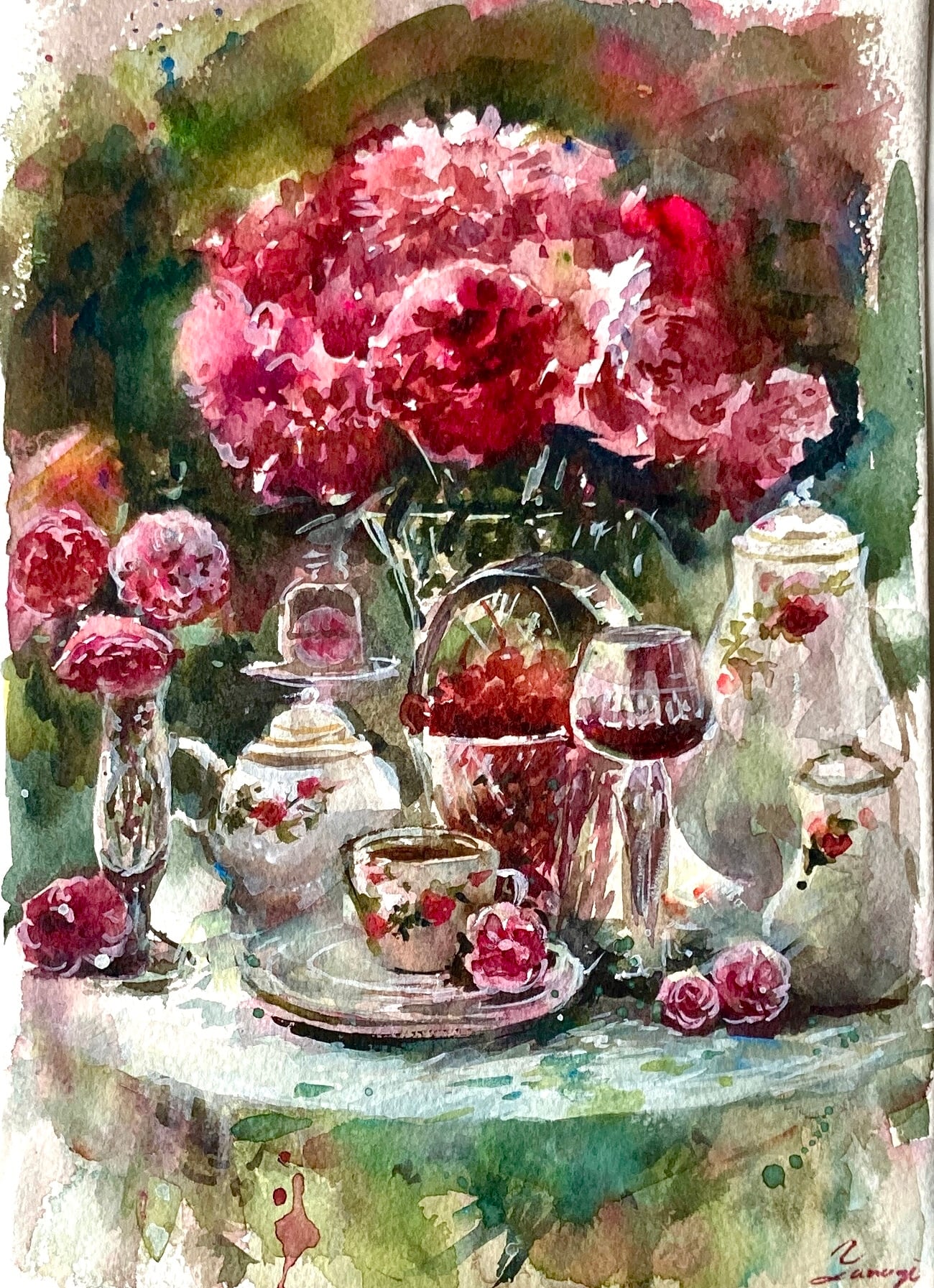 透明水彩画原画美しい薔薇とデルフト焼きの花瓶① e2a3db6d9ea61cb46d94f413257225