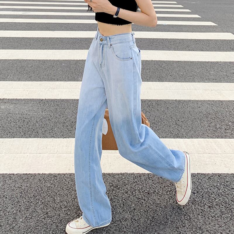 ワイドレッグジーンズ スプリングオータムハイウェストウェストルーズパンツ ストリート 春物 秋物 ワイドパンツ 試着室91787514477