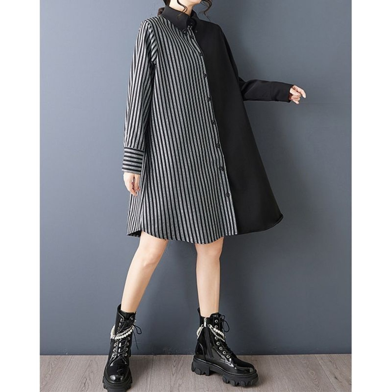 ストライプ切替 ミディ丈 シャツワンピース  00201