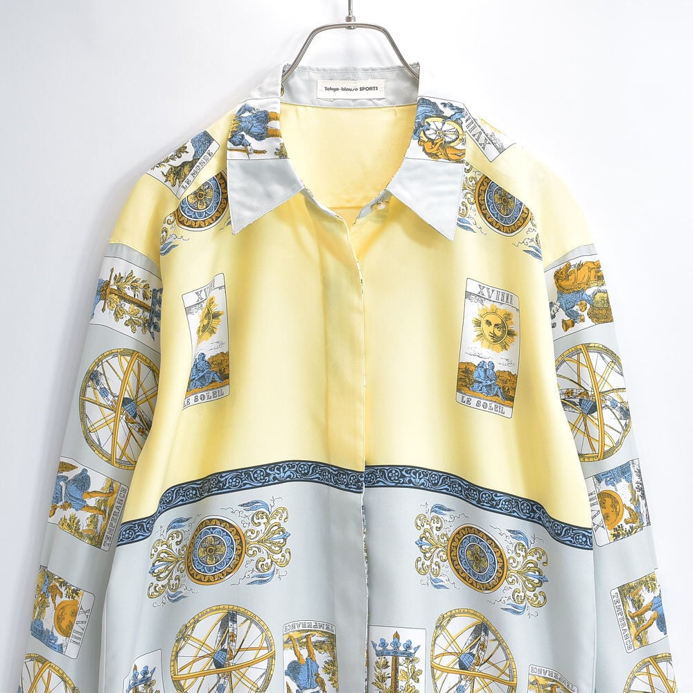 80s 日本製 Tokyo-blouse SPORTS 東京ブラウス SPORTS タロット柄 シンメトリー デザイン アートグラフィック ポリエステル シャツ USED ジャパンヴィンテージ ビンテージ 古着 レディースMサイズ