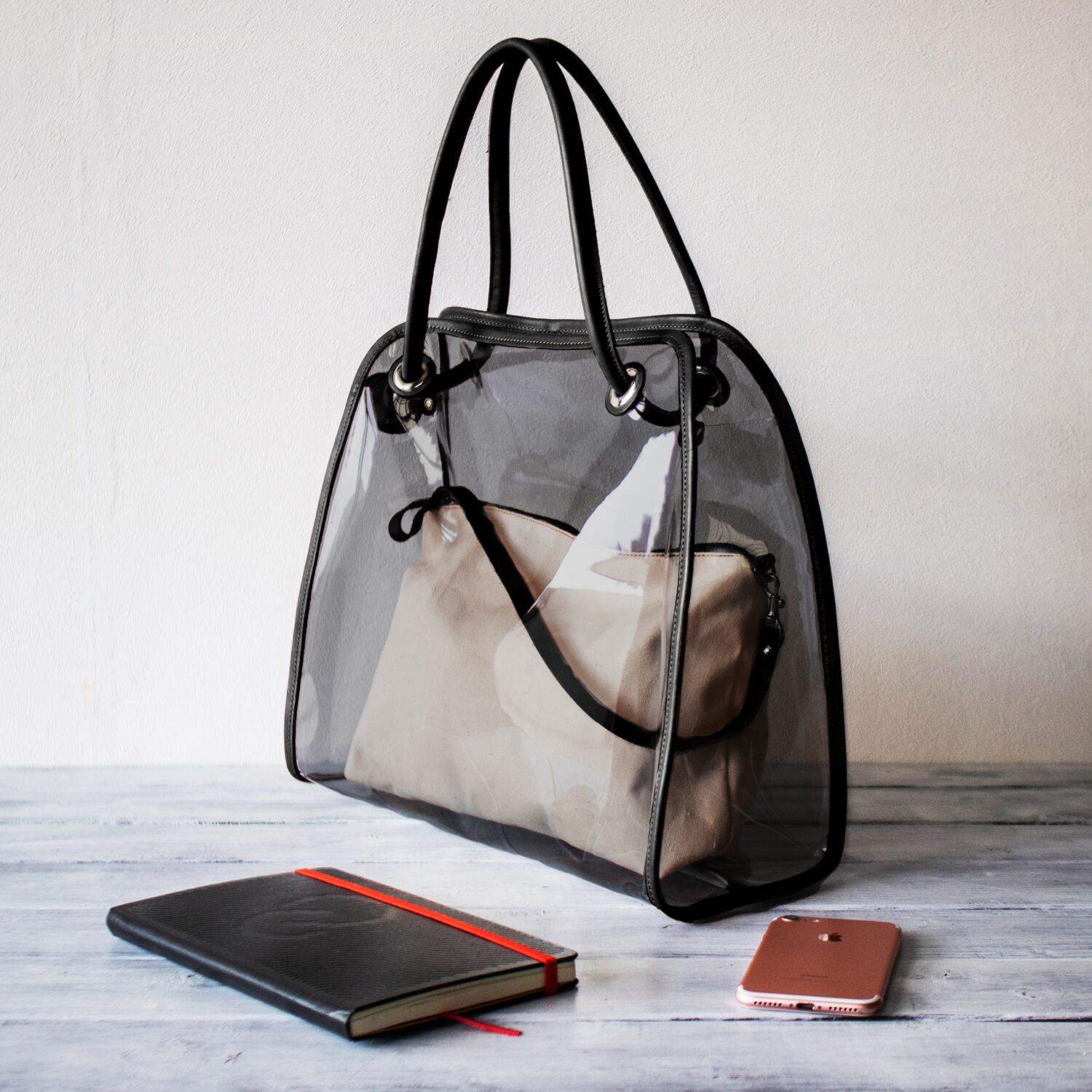 クリア 2way トート ショルダーバッグ と帆布ポーチ付き スケルトン 持ち手本革