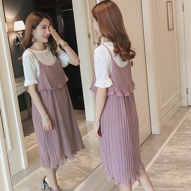 【新作】【送料無料】 マタニティドレス2019夏の新しいマタニティドレスシフォンプリーツミドル丈マタニティツーピースドレス-アリババ サマー 夏物 expec244728053321